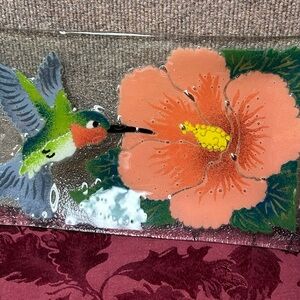 Peggy Karr Hummingbird Hibiscus Fused Glass Tray Trinket Dish Rectangular Signed